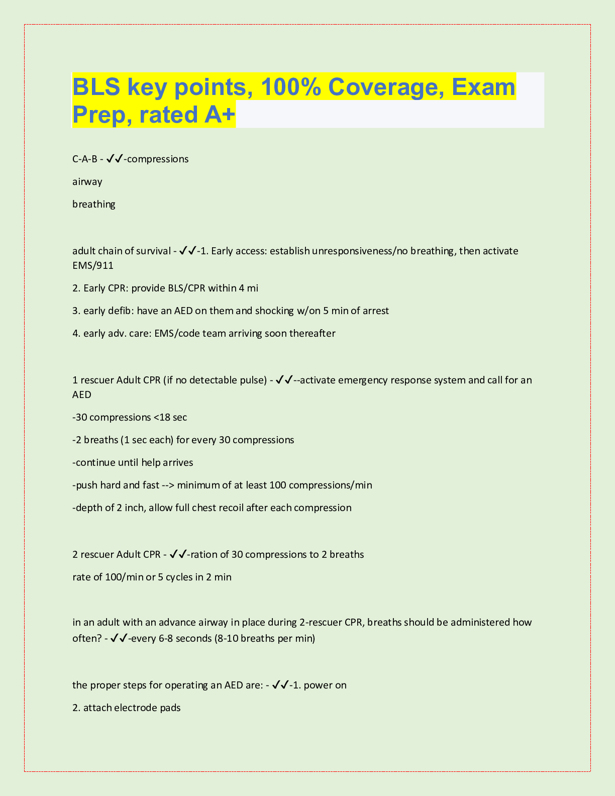 Preview image for BLS key points, 100% Coverage, Exam  Prep, rated A+ C-A-B - ✔✔-compressions airway
